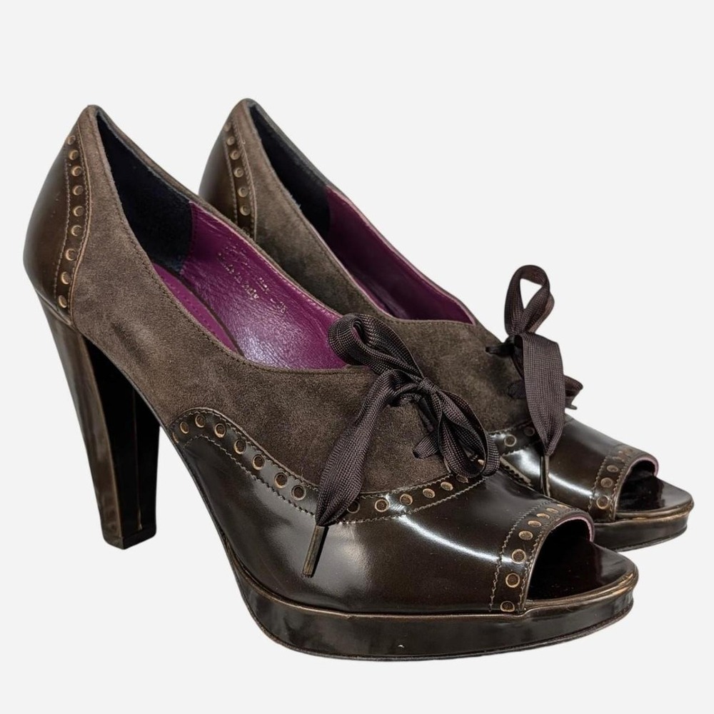 Coach Claudine Brown Suede Leather Lace Up Peep Toe Platform Heels Size 8.5